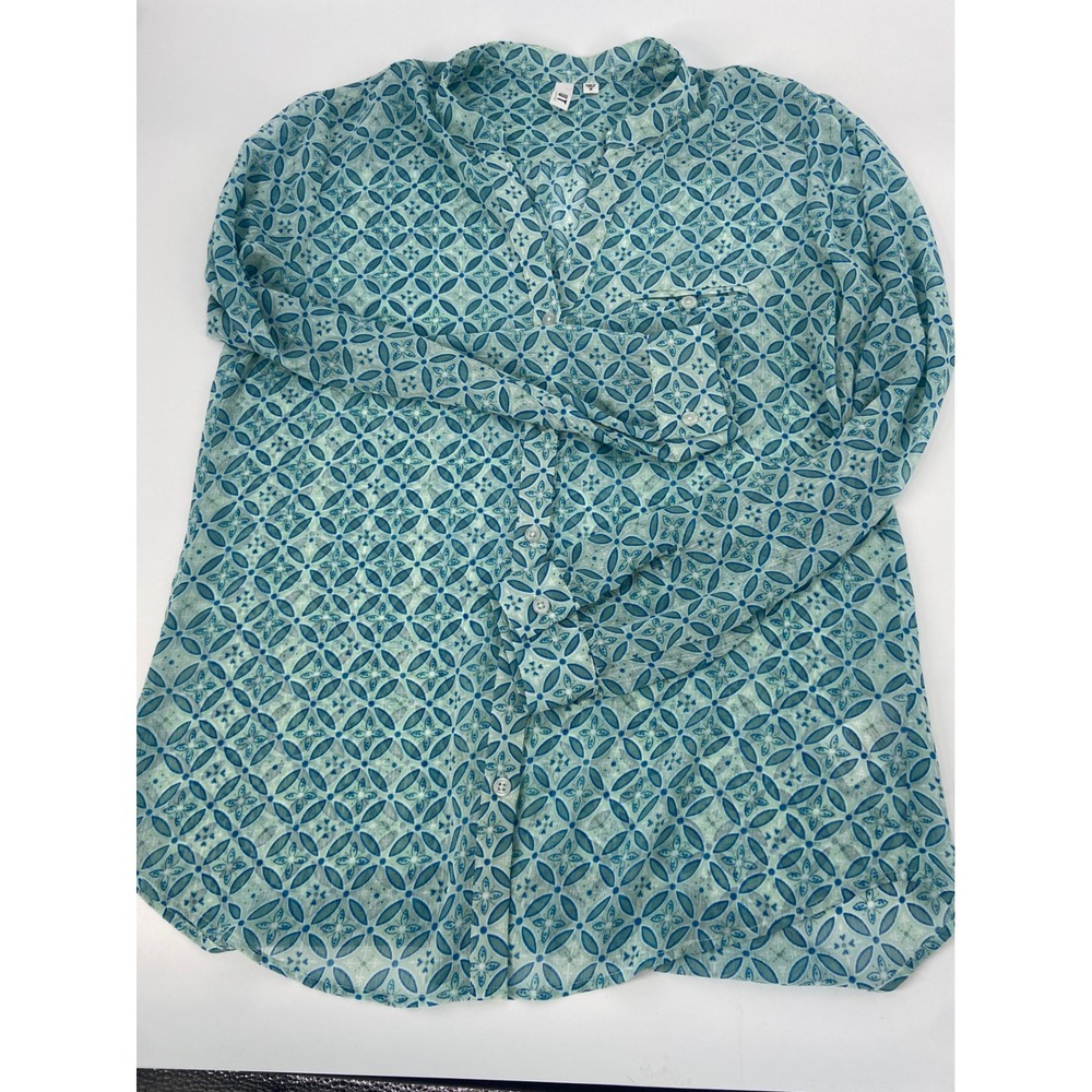 Lovely KUT FROM THE CLOTH Geometric Print Sheer Button Up Long Sleeve Top Size M